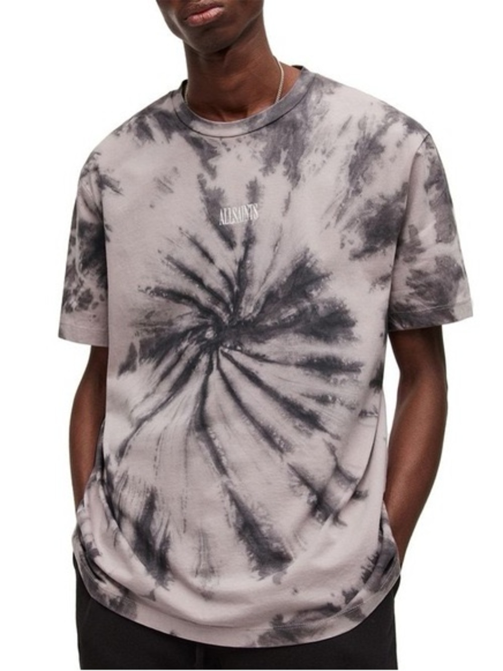All Saints Men's Short Sleeve Spiral Tie-Dye Tee in Mauve and Charcoal